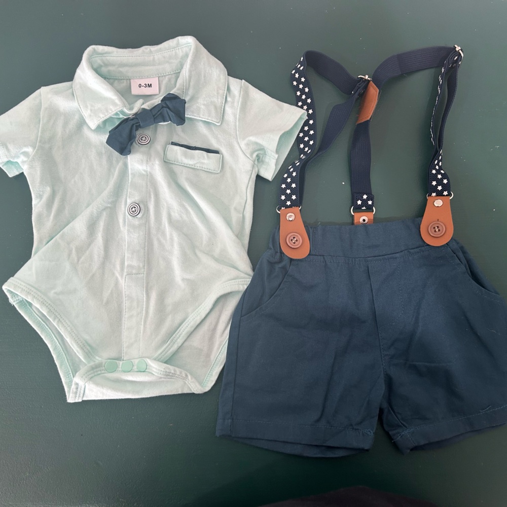 Mint Green Onesie with Navy Shorts and Suspenders
